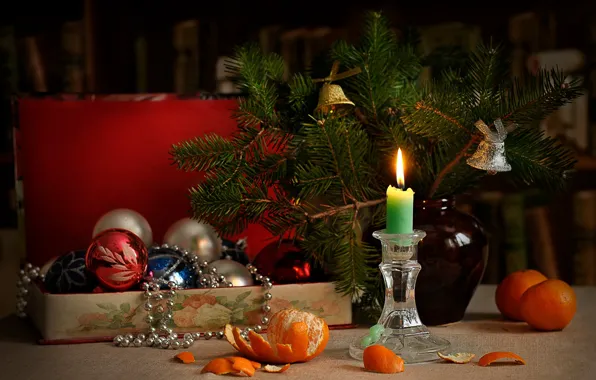 Picture decoration, branches, holiday, box, toys, new year, candle, spruce