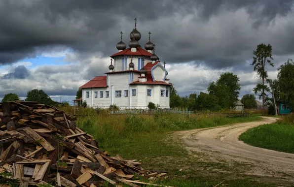 Road, clouds, Church, wood, temple, Russia