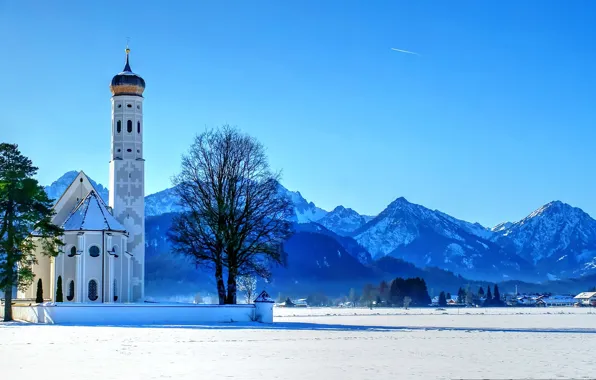 Winter, trees, mountains, Germany, Bayern, Alps, Church, Germany
