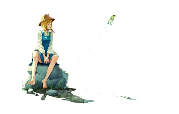 Picture drops, frog, hat, white background, sitting on a rock, barefoot, Touhou Project, Suwako Moriya