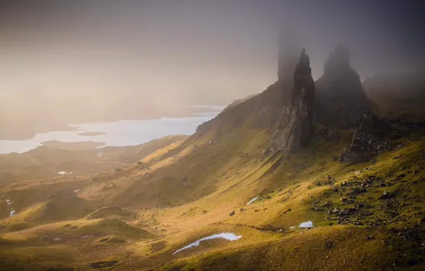 Mountains, fog, stones, rocks, hills, valley, Scotland, UK