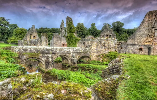 Grass, clouds, trees, bridge, stones, England, HDR, the ruins