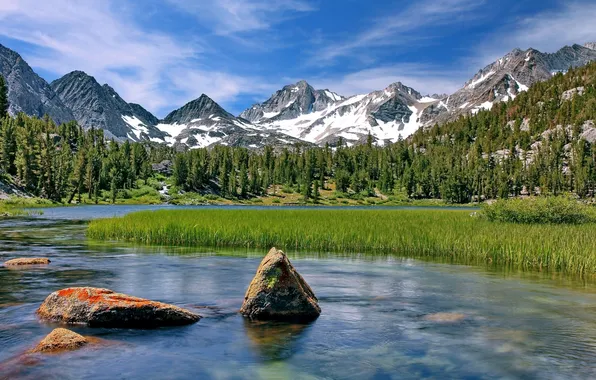Picture mountains, lake, stones, CA, reed, California, Little Lakes Valley, Heart Lake