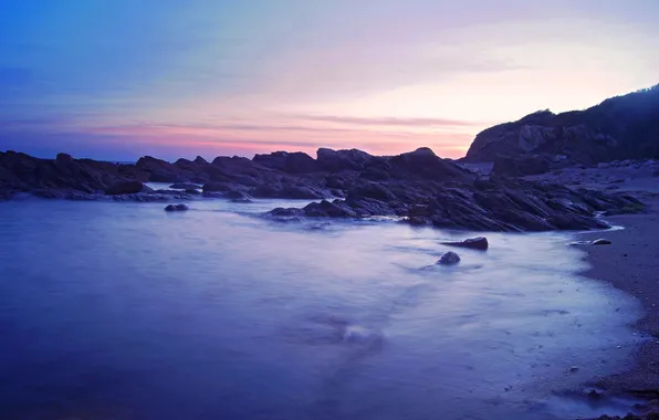 Picture sand, sea, purple, the sky, water, stones, shore, color