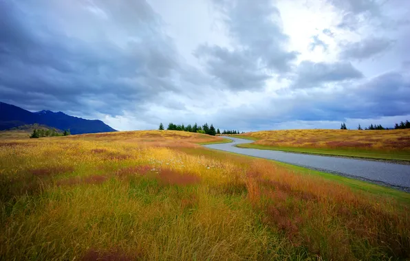 Road, autumn, the sky, clouds, mountains, the steppe