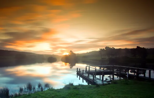 Picture landscape, sunset, bridge, lake