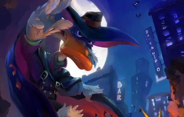 Picture the explosion, the city, the moon, bats, duck, Darkwing Duck, Black Cloak