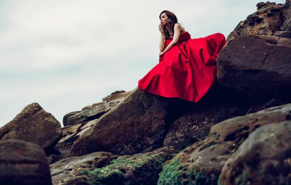 Picture the sky, look, girl, nature, pose, stones, background, mood