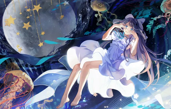 Girl, the moon, jellyfish