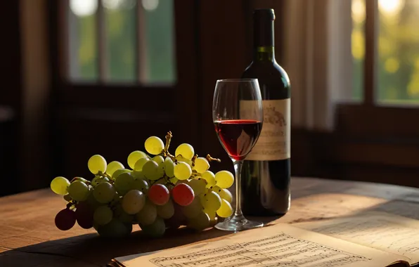 Light, notes, table, wine, glass, bottle, grapes, still life