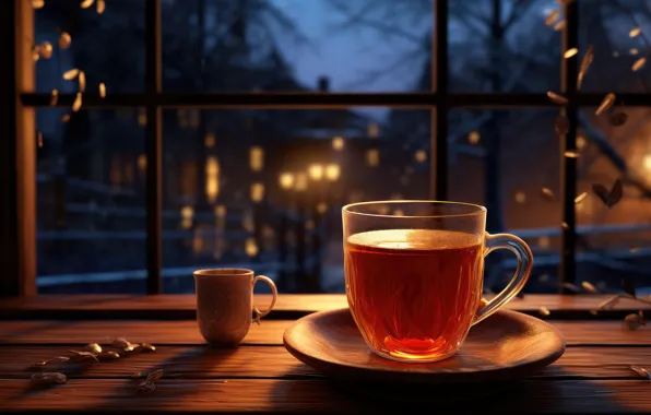 Winter, glass, light, comfort, tea, window, Christmas, mug