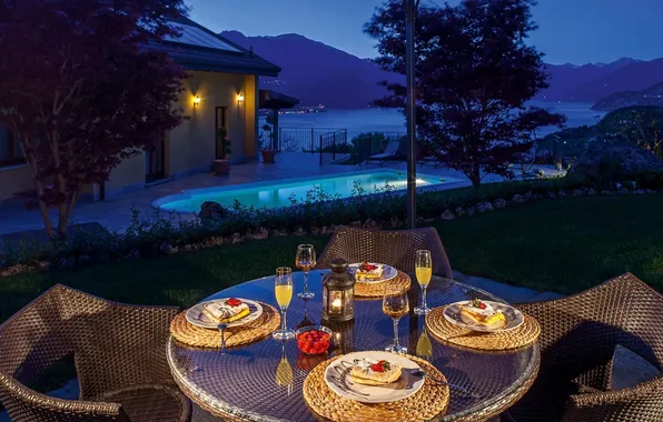 Mountains, the evening, lighting, Italy, twilight, table, terrace, dinner