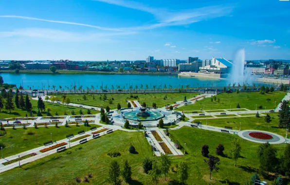 Summer, flowers, fountain, Sunny day, Theatre. Kamal, Millennium Park, the Kaban lake, Kazan