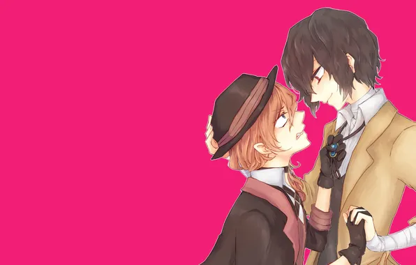 Guys, pink background, Bungou Stray Dogs, Stray Dogs: A Literary Genius, Nakahara Chuuya, Dazai Osamu