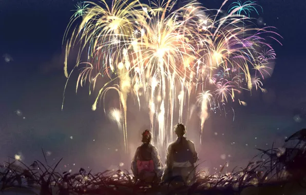 Picture the sky, girl, night, nature, fireworks, guy, sishenfan