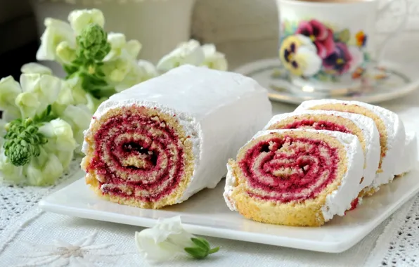Flowers, plate, cream, cakes, sweet, roll