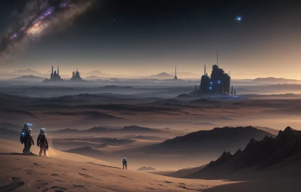 Twilight, desert, landscape, art, fantastic, colony, digital art, surface