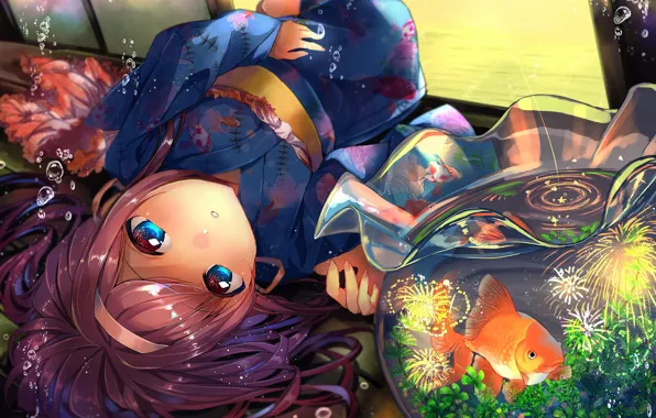 Aquarium, girl, goldfish