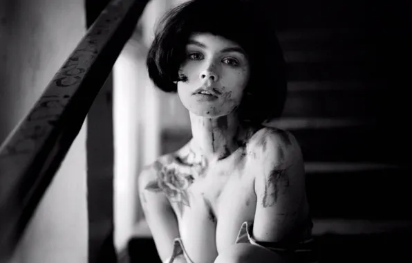 Look, girl, sweetheart, model, brunette, ladder, railings, black and white