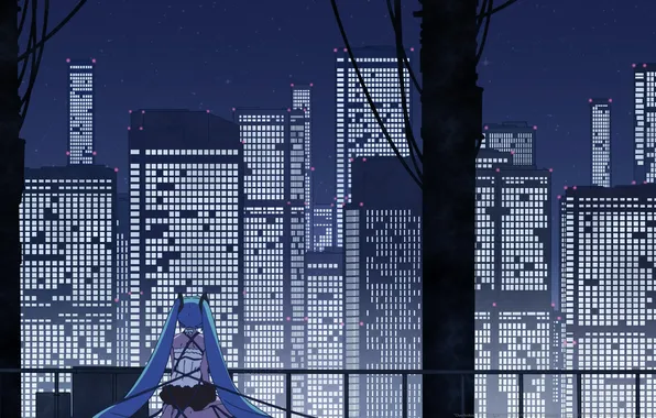 Picture girl, stars, night, the city, lights, home, art, vocaloid