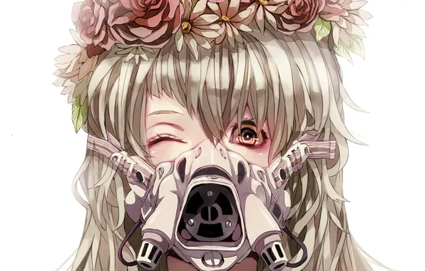 Picture girl, flowers, anime, art, gas mask, wreath, wink, yao