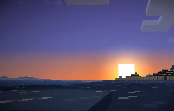 Picture the sun, clouds, building, Minecraft, pixel world