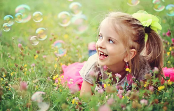 Picture greens, field, summer, grass, flowers, children, face, smile
