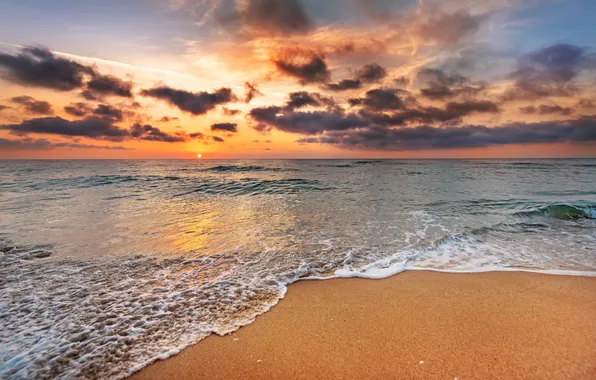 Sea, sunset, beach, sea, sunset, sand, wave