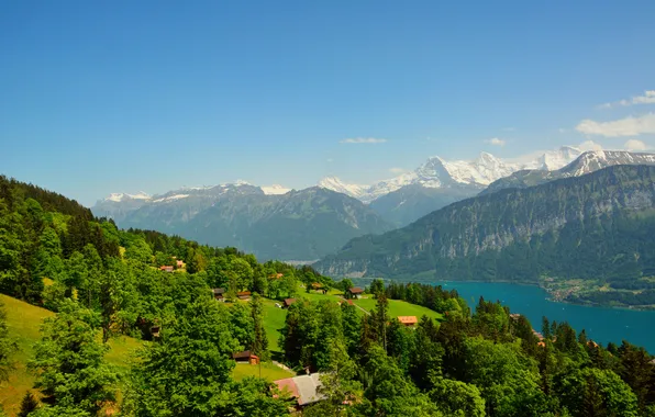 Trees, mountains, river, Switzerland, houses, Beatenberg