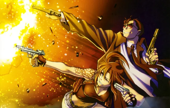 Picture fire, guns, man, Black Lagoon, Revy, shooting, sleeve, euphoria