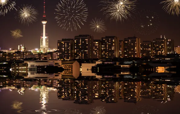 City, the city, lights, lights, building, Germany, fireworks, midnight