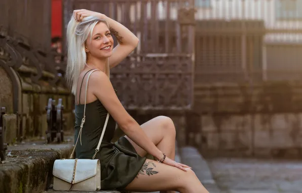 Look, girl, smile, photo, hair, tattoo, blonde, bag