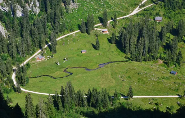 Road, forest, Alps, houses