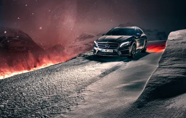 Winter, snow, mountains, night, Mercedes-Benz, crossover, GLA