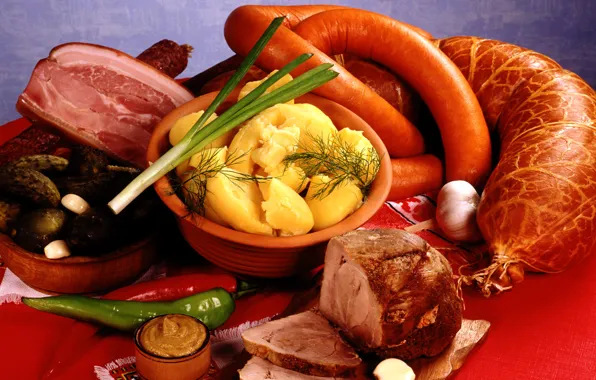 Picture bow, meat, pepper, vegetables, sausage, garlic, potatoes, mustard
