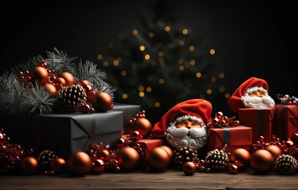 Balls, the dark background, toys, Christmas, gifts, New year, Santa Claus, Santa Claus
