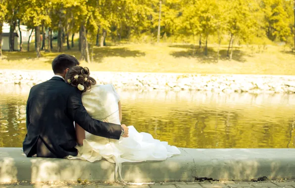 Trees, love, lake, pair, the bride and groom