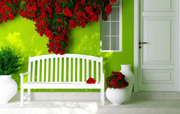 Picture bench, house, graphics, roses