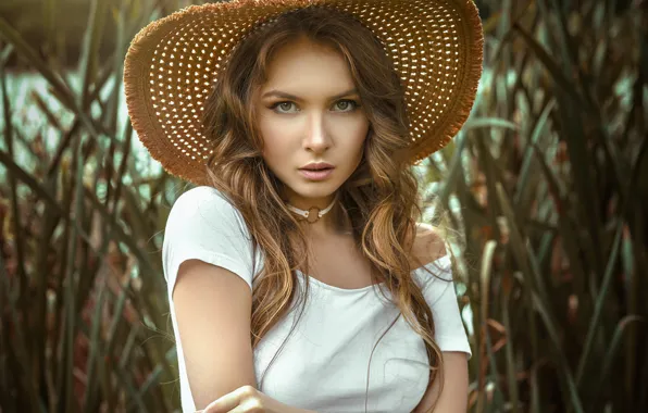 Look, girl, face, pose, portrait, hat, long hair, Stanislav Maksimov