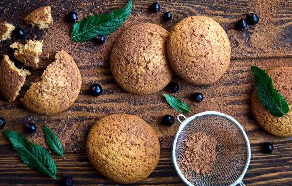Leaves, berries, table, cookies, currants, cakes, cocoa, powder