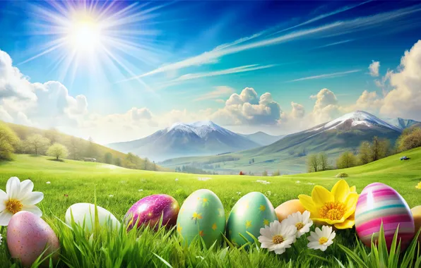Flowers, eggs, spring, colorful, Easter, flowers, spring, Easter