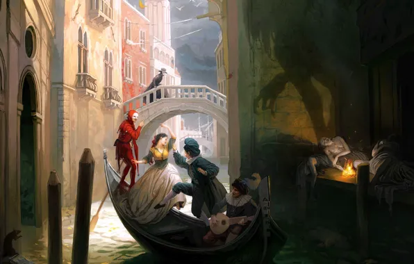 Picture bridge, people, fire, boat, dance, shadow, Venice, rat