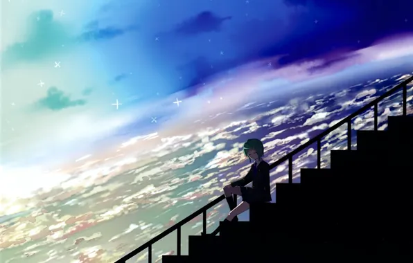 The sky, clouds, Earth, ladder, Vocaloid, green hair, Rubber megpoid