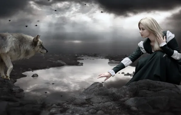 Picture dark, girl, lake, photomanipulation, Wolf
