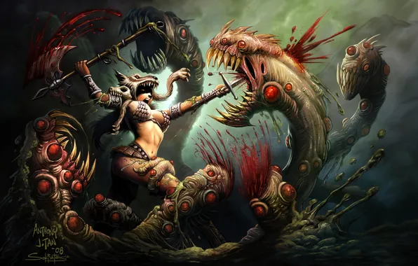 Picture squirt, axe, blood, wolf, sword, dirt, fantasy, art