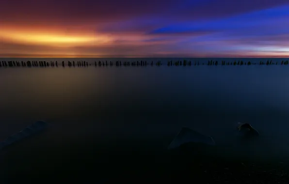 Picture the sky, landscape, sunset, night, the ocean, piles