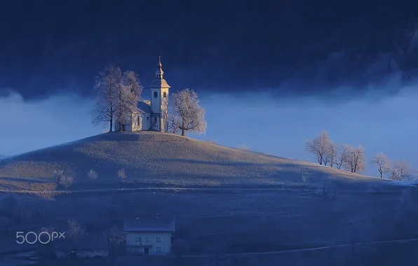 Frost, snow, nature, hills, chapel