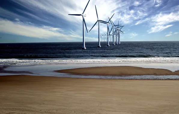 Sea, windmill, Shore