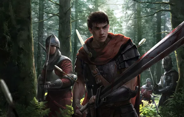 Picture sword, blood, game, forest, armor, anime, man, army