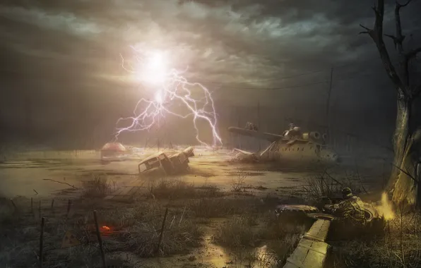 Picture night, tree, sign, lightning, swamp, radiation, soldiers, helicopter